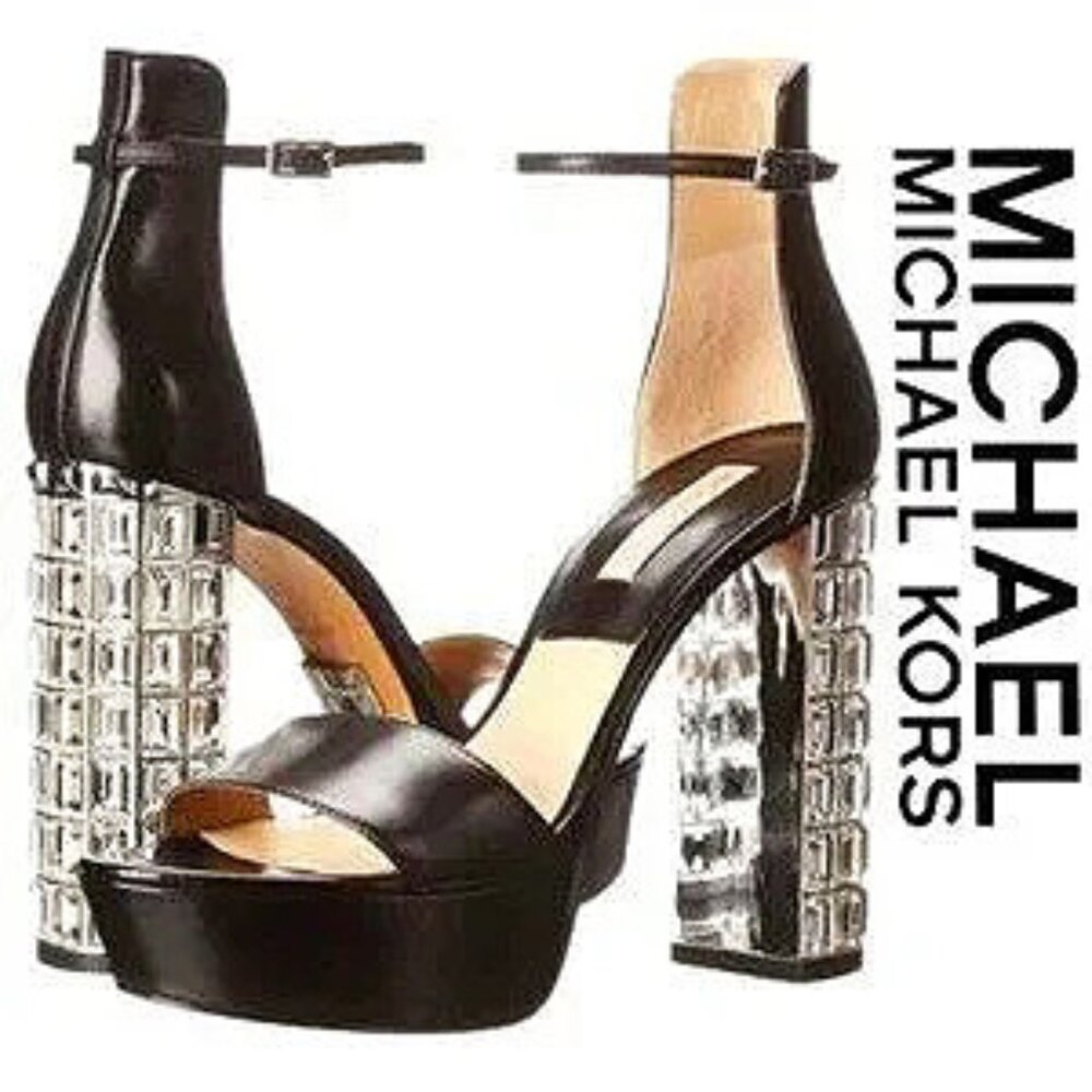 💋STUNNING 70s GLAM!💋 Michael Kors Nikki Jewel Heel Genuine Leather Sandals